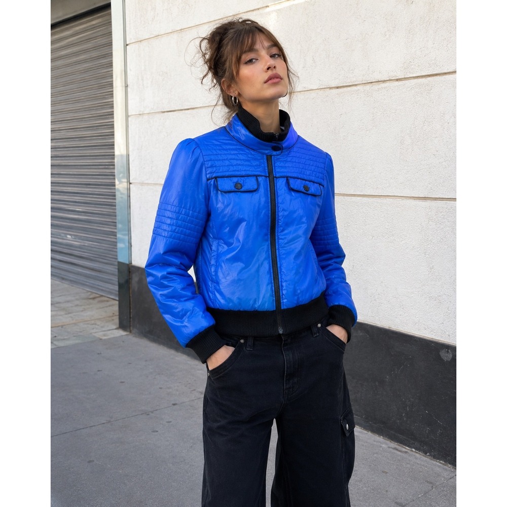 Xhilaration Womens Blue Puffer Bomber Jacket Quilted Zip Up Puff Sleeve Large